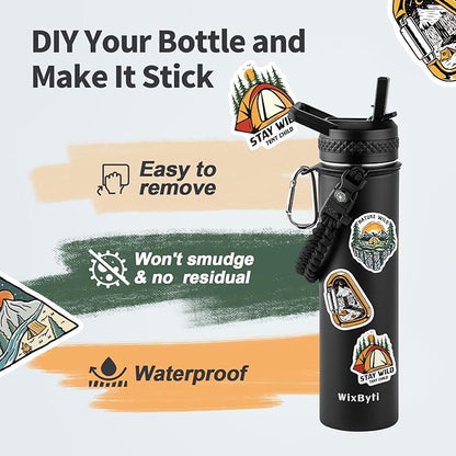 24 oz Insulated Water Bottle with Straw (Cold for 24 Hrs), Stainless Steel Triple Wall Vacuum Sports Water Jug, Leakproof Hydro Cup Flask with Paracord Handle & Straw Spout Lids & DIY Stickers