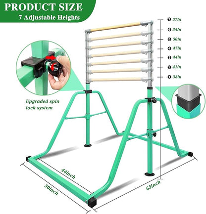 Foldable & Moveable Gymnastics Horizontal Bar with Rings,3’to 5’Adjustable Height Expandable Junior Kip Bar for Home,Indoor Gym Equipment for Kids