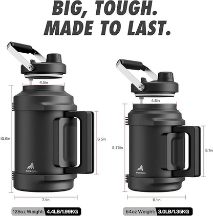 64 oz Insulated Water Bottle for Gym: 2-in-1 Straw Spout Lid, Dual Handle, Leakproof, Keep Cold 36H, Half Gallon Stainless Steel Water Jug for Travel, Hiking, Cycling, Park, Workout, Picnic (Midnight)