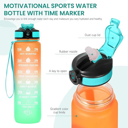 32 oz Water Bottles with Times to Drink and Straw, Motivational Water Bottle with Time Marker, Leakproof & BPA Free, Drinking Sports Water Bottle WIth Hand Strap for Fitness, Gym & Outdoor (orange-1)