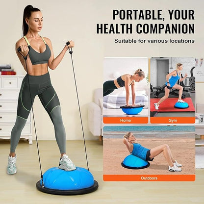 Half Exercise Ball Trainer 23 inch Balance Ball Trainer 1500lbs Capacity Stability Ball with Resistance Bands & Foot Pump, Strength Fitness Ball for Home Gym Full Body Workout