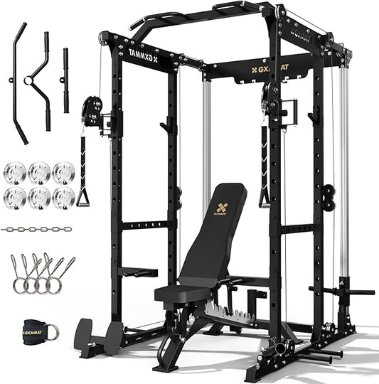 Gxmmat X6 Power Cage, 2200LB Multi-Function Power Rack with Independent Dual Aluminum Pulley System, Squat Rack for Home Gym Strength Training Equipment, Heavy-Duty Steel Construction