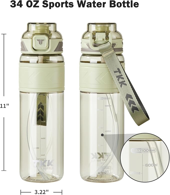 TKK Sports Water Bottles with Removable Straw 34 oz Leak-proof Flip Top Lid BPA Free Tritan Bottle with Strap for School, Fitness, Gym, Outdoor, LighGreen