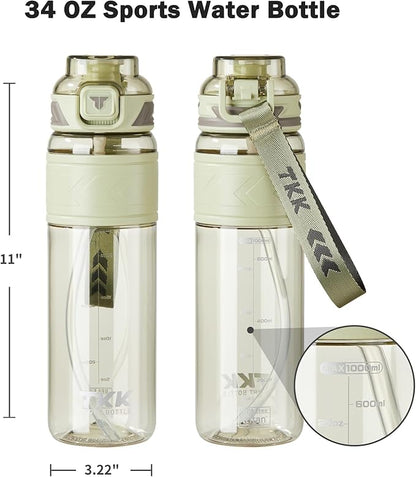 TKK Sports Water Bottles with Removable Straw 34 oz Leak-proof Flip Top Lid BPA Free Tritan Bottle with Strap for School, Fitness, Gym, Outdoor, LighGreen