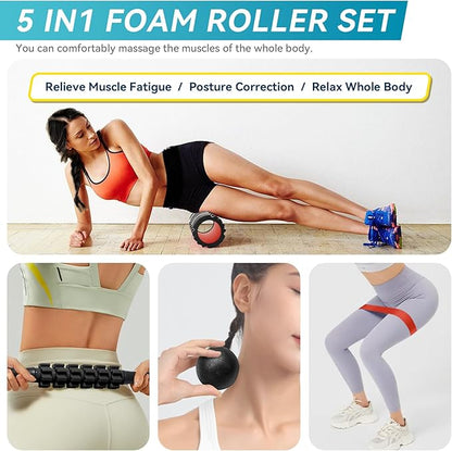 5-in-1 Foam Roller Set - Deep Tissue Muscle Recovery Kit with High Density Exercise Roller, Massage Ball, Resistance Band & Carry Bag for Physical Therapy & Pain Relief (Black)