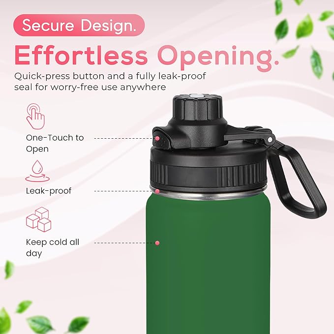 Y TOP 18 oz Insulated Water Bottle Leak Proof Spout Lid Fits in Car Cup Holder – Double Wall Dishwasher Safe Easy Clean stainless steel drinking water bottle for Gym Kids Sports Travel Hiking School