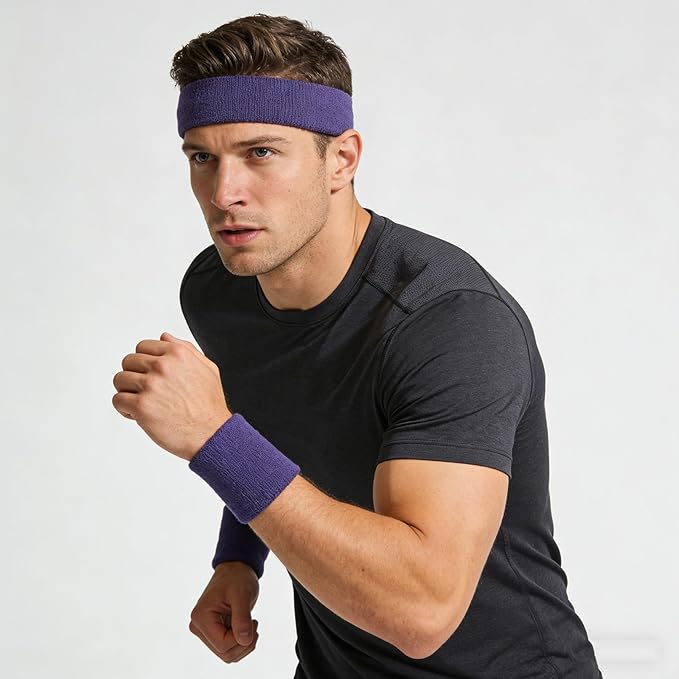 Sweatbands Headband and Wrist Set, Cotton Sweat Band for Athletic Men and Women, Sweatbands Sports Headbands for Working Out, Running, Basketball, Tennis, Yoga