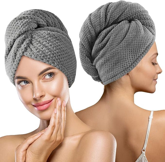 2 Pack Hair Drying Towels, Hair Towel Wrap, Absorbent Microfiber Hair Towel Turban with Button Design to Dry Hair More Quicker, Grey