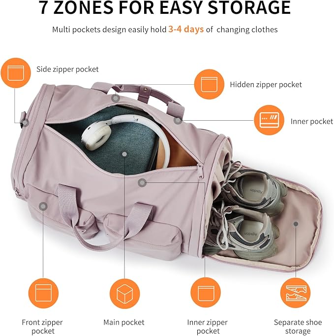 Aji Foldable Gym Bag for Women Men with Shoes Compartment, 3 in 1 Carry on Travel Duffel Bag with Trolley Sleeve, Lightweight&Water Resistant Duffel Bag for Travel, Sports, Fitness&Workout,Soft Pink