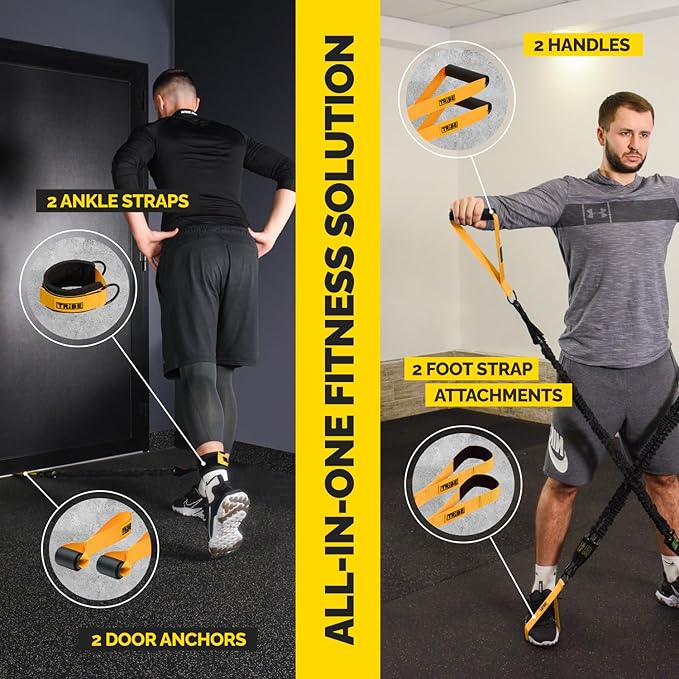 Tube Resistance Bands for Working Out Men and Women - 180lb Exercise Bands Set with Handles, Resistance Band Bar, Ankle Straps, Foot Straps, Door Anchor for Home Gym Strength (Yellow Set)