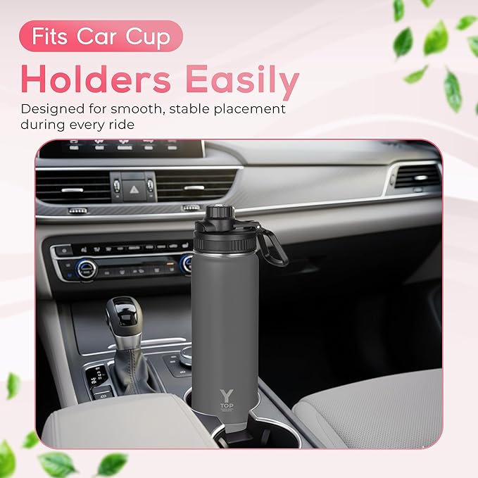 Y TOP 24oz Insulated Water Bottle Leak Proof Spout Lid Fits in Car Cup Holder – Double Wall Dishwasher Safe Easy Clean stainless steel drinking water bottle for Gym Kids Sports Travel Hiking School