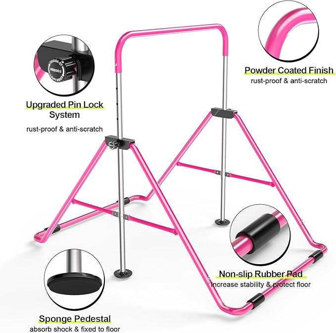 Safly Fun Foldable Gymnastics Bar for Kids, Adjustable 35"-51", Sturdy 145 lbs Capacity, Easy-to-Assemble, Gymnastics Equipment for Kids for Indoor/Outdoor Training