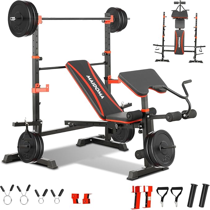 1500LB 8 IN 1 Weight Bench with Lat Pulldown and Leg Extension/Curl, Foldable Bench Press with Preacher Curl & Rack, Workout Benches with Safety Bar Catches for Home Gym(US Stock)