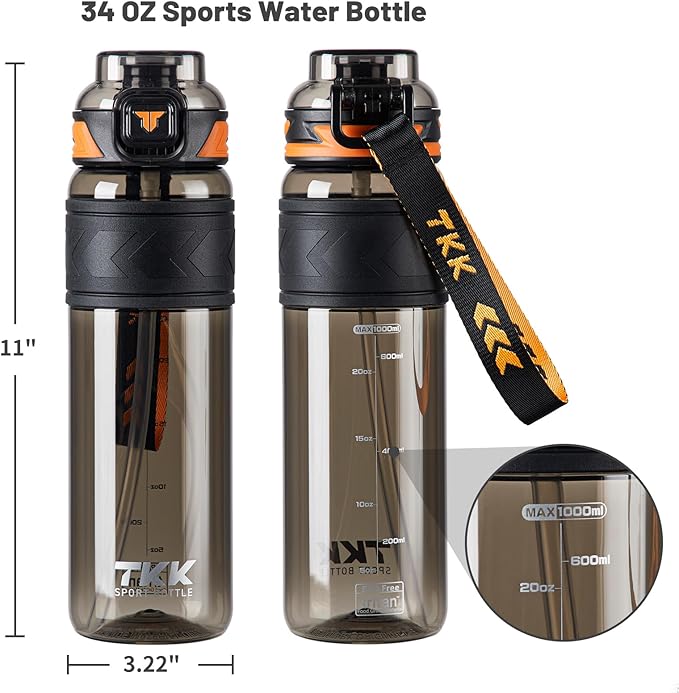 TKK Sports Water Bottles with Removable Straw 34 oz Leak-proof Flip Top Lid BPA Free Tritan Bottles with Strap for School, Fitness, Gym, Outdoor, Black