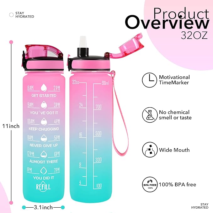 32 oz Water Bottles with Straw & Strap, Motivational Water Bottles with Times to Drink, BPA Free Reusable Sports Water Bottle with Sleeve Carrier for Hiking, Travel, Running or Fitness