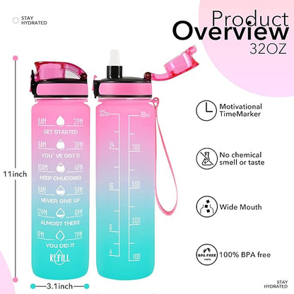 32 oz Water Bottles with Straw & Strap, Motivational Water Bottles with Times to Drink, BPA Free Reusable Sports Water Bottle with Sleeve Carrier for Hiking, Travel, Running or Fitness
