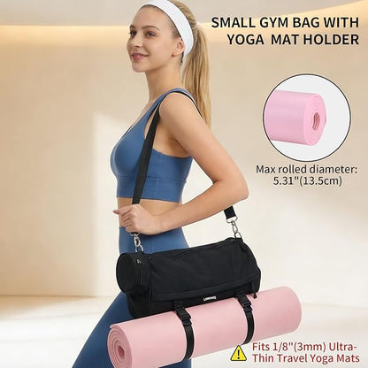 Small Gym Bag for Women Men, Mini Crossbody Travel Duffle Bag with Wet Compartment and Yoga Mat Strap, Compact Workout Bag for Sports Dance Swimming, Daily Commuting (Black)