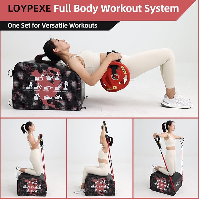 Multi-Functional Whole Body Workout Box, Hip Thrust Bench, Glute Bridge Exercise, Box Jump Training, Core & Abs Strength Training With Resistance Band, Exercise Handle, Knee Pad Gym