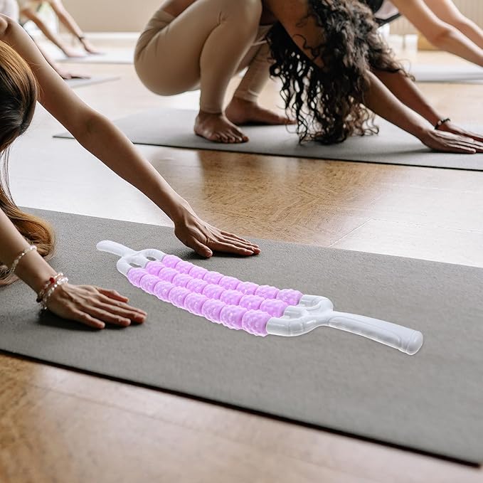 Textured Muscle Massage Roller Stick for Back and Body, Portable Deep Tissue Massage Tool with Three-Row Curved Design, Purple, – for Muscle Relaxation and Fitness