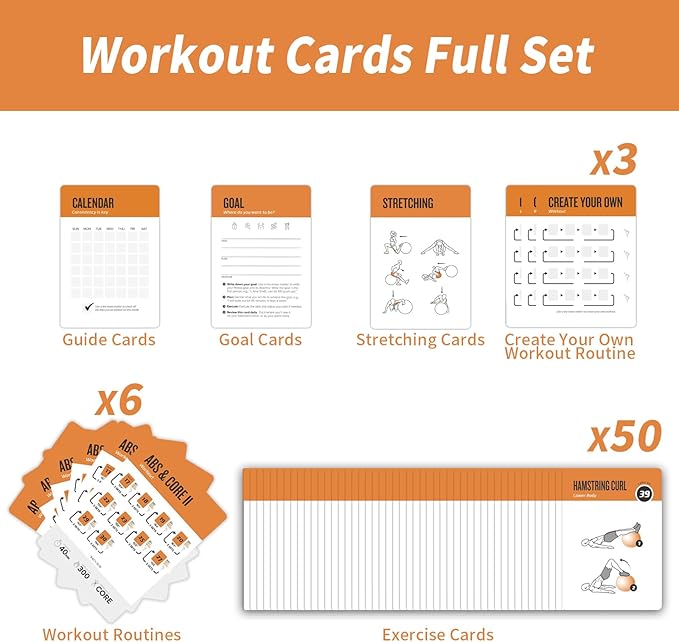 Stability Ball Workout Cards, 62 Exercises Cards Deck Large Size 5" x 3.5" Fitness Cards for Women & Men, Beginner Fitness Guide to Training Exercises at Home or Gym