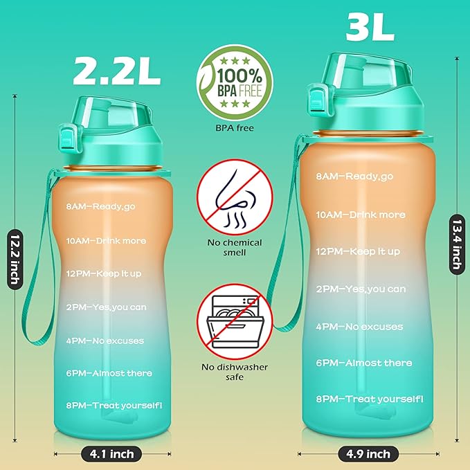 Gallon Motivational 64/100 oz Water Bottle with Time Marker & Straw, Large Daily Water Jug for Fitness Gym Outdoor Sports, Remind of All Day Hydration, Leak Proof, BPA Free (orange+green, 100oz)