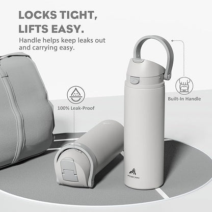 POWCAN 24 oz Metal Water Bottle with Straw for Travel: 100% Leakproof, Quick Open Lid, Keep Cold for 24 Hours, Car Cup Holder Friendly, Insulated Vacuum Flask for Commute, Workouts, Gift (Stone White)