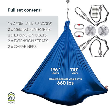 AyuHome Aerial Silks Kit for Home - Premium Yoga Swing for Kids and Adults with 660 lbs Capacity - Versatile Aerial Yoga Hammock for Gymnastics Training