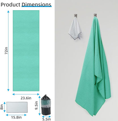 YESLIFE Non-Slip Extra Thick Hot Yoga Towel with One Sweat Towel, Microfiber Sweat Absorbent Yoga Mat Towel with Grip Dot, Pilates Mat, 72" x 24", Light Green