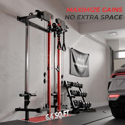 Mikolo Folding Squat Rack, Wall Mounted Power Rack with Cable Crossover Machine & LAT Pull Down, Functional Trainer with 5 Adjustable Function Modes, for Home Gym and Space Saving