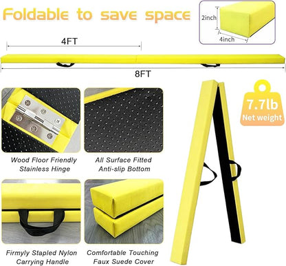 8FT Folding Balance Beam -Gymnastics Floor Beam -Gymnastics Equipment for Kids,Wood core- Anti-Slip Bottom and Carrying Bag for Home