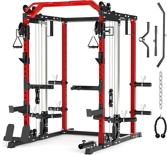 Power Cage Home Gym, Dual Pulley Cable Crossover System, All-in-One Squat Power Rack with Strength Training Attachments for Full-Body Workouts