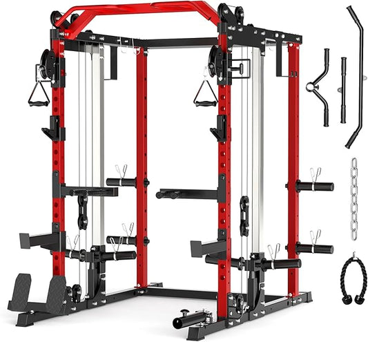 Power Cage Home Gym, Dual Pulley Cable Crossover System, All-in-One Squat Power Rack with Strength Training Attachments for Full-Body Workouts
