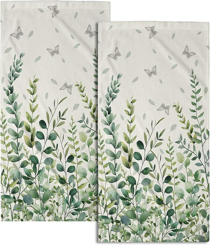 Sage Green Eucalyptus Hand Bath Towel Watercolor Leaves Butterfly Soft Absorbent Washcloths Nature Themed Leaf Plants Bathroom Decor Spring Botanical Kitchen Tea Dish Towels for Home Hotel 2 Pack