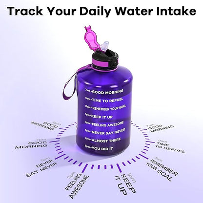 Leakproof Water Bottle Motivational with Straw & Strap, BPA Free, 128 oz Gym Water Bottle with Time Marker, Water Jug for Outdoor Enthusiasts (Purple Blue)