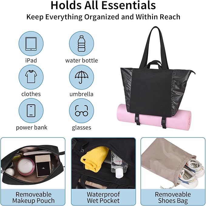 Tote Bag for Women, Lightweight Versatile Gym Travel Bags with Yoga Mat Strap, Wet Pocket, Shoe Bag & Cosmetic Pouch, Everyday Tote for Workout Fitness Pilates Swimming Work Stylish Handbag