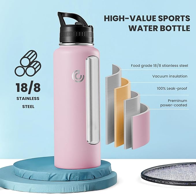 COKTIK 40oz Sports Water Bottle, Stainless Steel Water Bottle for Insulated, Reusable Travel Bottle, With Straw, With Handle Grip for Easy Carrying, Suitable for Cycling, Outdoor Vacations(Blush)