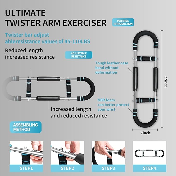 Twister Arm Trainer for Men 5 Level Resistance (45-110 lbs) Chest Workout Equipment for Women Exerciser Bar Biceps Triceps Forearm Abdominal Thigh Back Muscle Exerciser