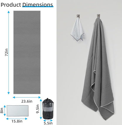 YESLIFE Non-Slip Extra Thick Hot Yoga Towel with One Sweat Towel, Microfiber Sweat Absorbent Yoga Mat Towel with Grip Dot, Pilates Mat, 72" x 24", Grey