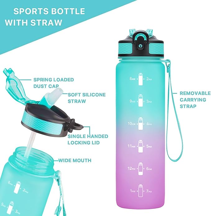 EYQ 32 oz Water Bottle with Time Marker, Carry Strap, Leak-Proof Tritan BPA-Free, Ensure You Drink Enough Water for Fitness, Gym, Camping, Outdoor Sports