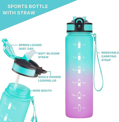 EYQ 32 oz Water Bottle with Time Marker, Carry Strap, Leak-Proof Tritan BPA-Free, Ensure You Drink Enough Water for Fitness, Gym, Camping, Outdoor Sports