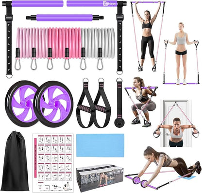 Pilates Bar Kit with Resistance Bands,Ab Roller,2 in 1 Foot Strap & Handle,Door Anchor Pilates Equipment with Resistance Bands, Portable Home Gym Yoga Fitness Bar for Women & Men