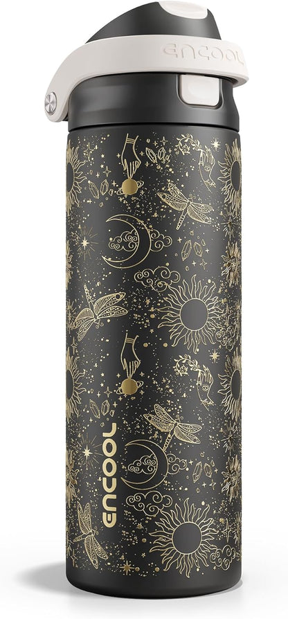 ENCOOL Leakproof Insulated Water Bottle with Straw Dual-Sip Water Bottle Bag-Safe Design for Work, Commute & Gym – Keeps Drinks Cold All Day, 24 oz, Oracle Moth