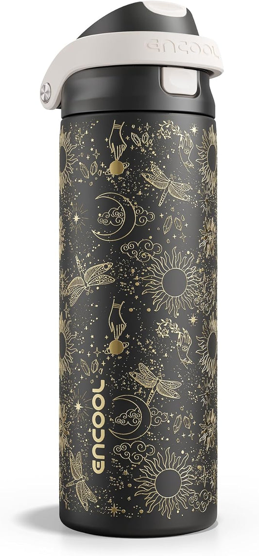 ENCOOL Leakproof Insulated Water Bottle with Straw Dual-Sip Water Bottle Bag-Safe Design for Work, Commute & Gym – Keeps Drinks Cold All Day, 24 oz, Oracle Moth