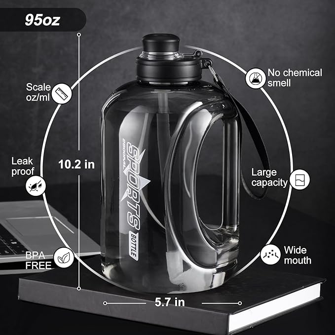 Large 95 OZ Water Bottle with Straw, Portable Handle, BPA Free, Eco-Friendly, Perfect for Sports and Fitness