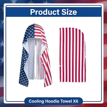 Yi-gog 6Pcs Cooling Hoodie Towel 24"x12" American Flag Ice Cooling Towels UPF 50 Sun Protection Microfiber Absorbent Sweat Rags for Sports Fitness Gym Biking Running