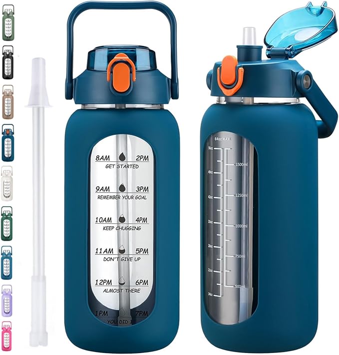 kytffu 64oz Glass Water Bottles with Straw, Half Gallon Motivational Glass Bottle with Silicone Sleeve and Time Marker, 2L Leakproof Large Glass Water Jug for Gym Home Office,Blue