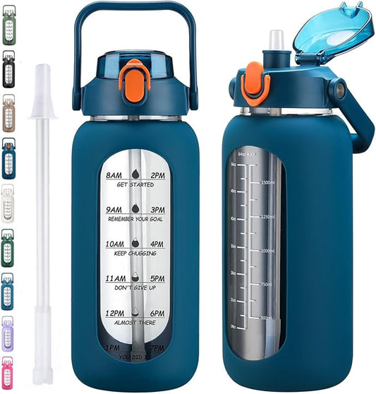 kytffu 64oz Glass Water Bottles with Straw, Half Gallon Motivational Glass Bottle with Silicone Sleeve and Time Marker, 2L Leakproof Large Glass Water Jug for Gym Home Office,Blue