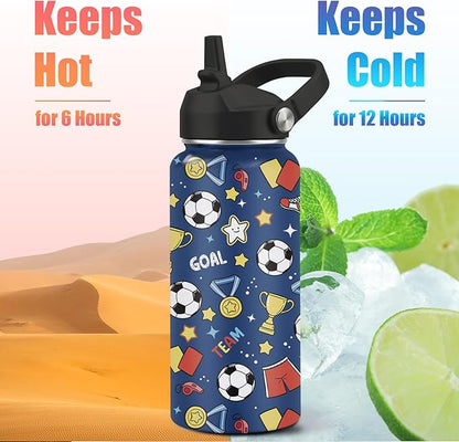 32oz Insulated Soccer Water Bottle for Kids & Adults - Stainless Steel, BPA-Free, Leak Proof Straw Lid - Sports Water Bottle for Gym, School, Travel - Ideal Soccer Gifts for Boys, Girls, Men