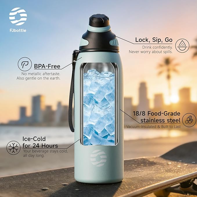 Fjbottle Insulated Stainless Steel Water Bottle, 24 Oz Leakproof Water Bottles, Ice Reusable Tumbler, Double Wall Vacuum Jug, Lightweight Durable for Traveling & Sports, Workout, 24oz