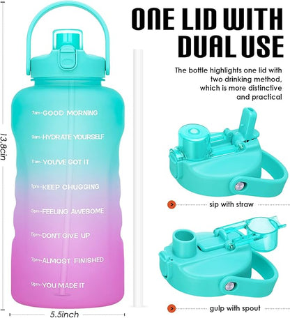 HydroPal 1 Gallon Water Bottles with Straw, 128 oz Water Bottle BPA Free Innovative 2-IN-1 Lid Gym Bottle with Times to Drink Motivational, Large for Sports Fitness Camping Water Jug （13.8X5.5 inch）
